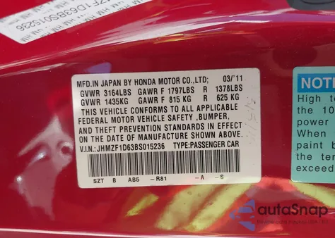 2011 Honda Cr-Z Ex z USA, uszkodzony, nr VIN JHMZF1D63BS015236